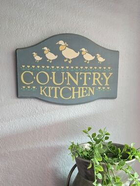 Country Kitchen Wall Sign - Yellow Text on Blue